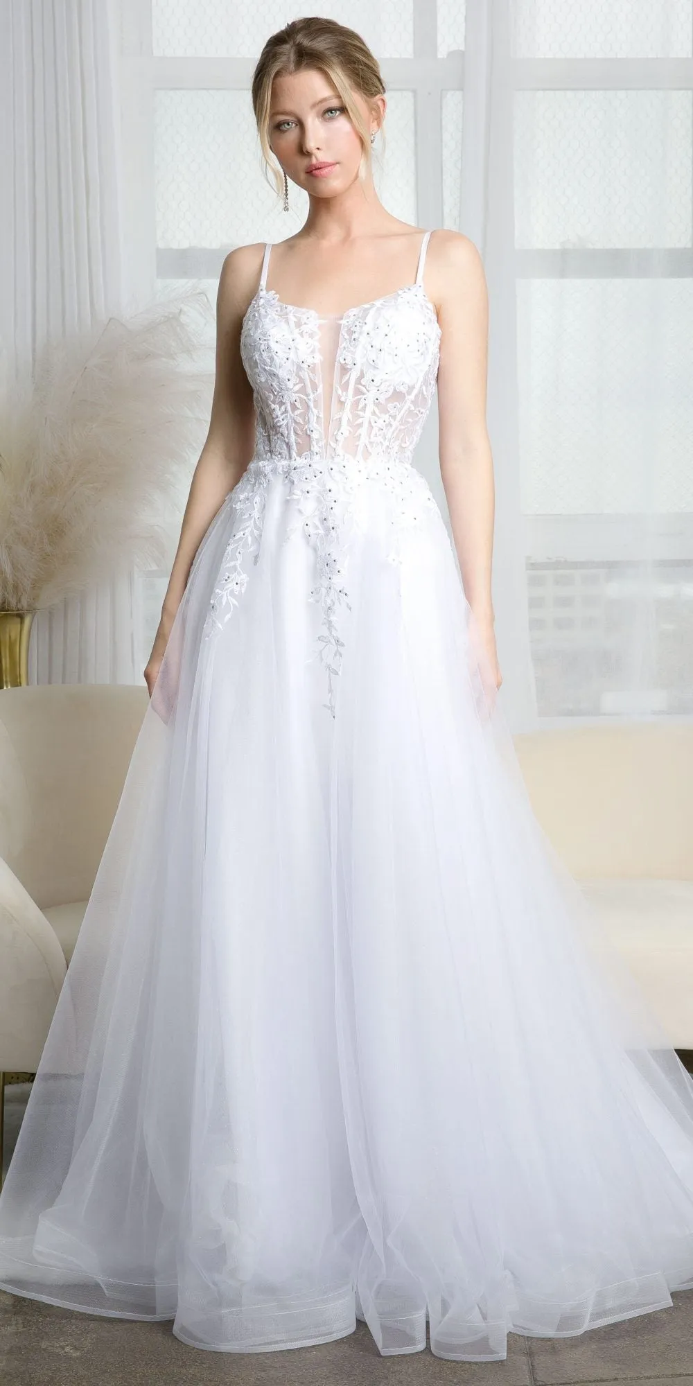 Juno A1011 Long Tulle A-Line Ball Gown Corset Boned Bodice