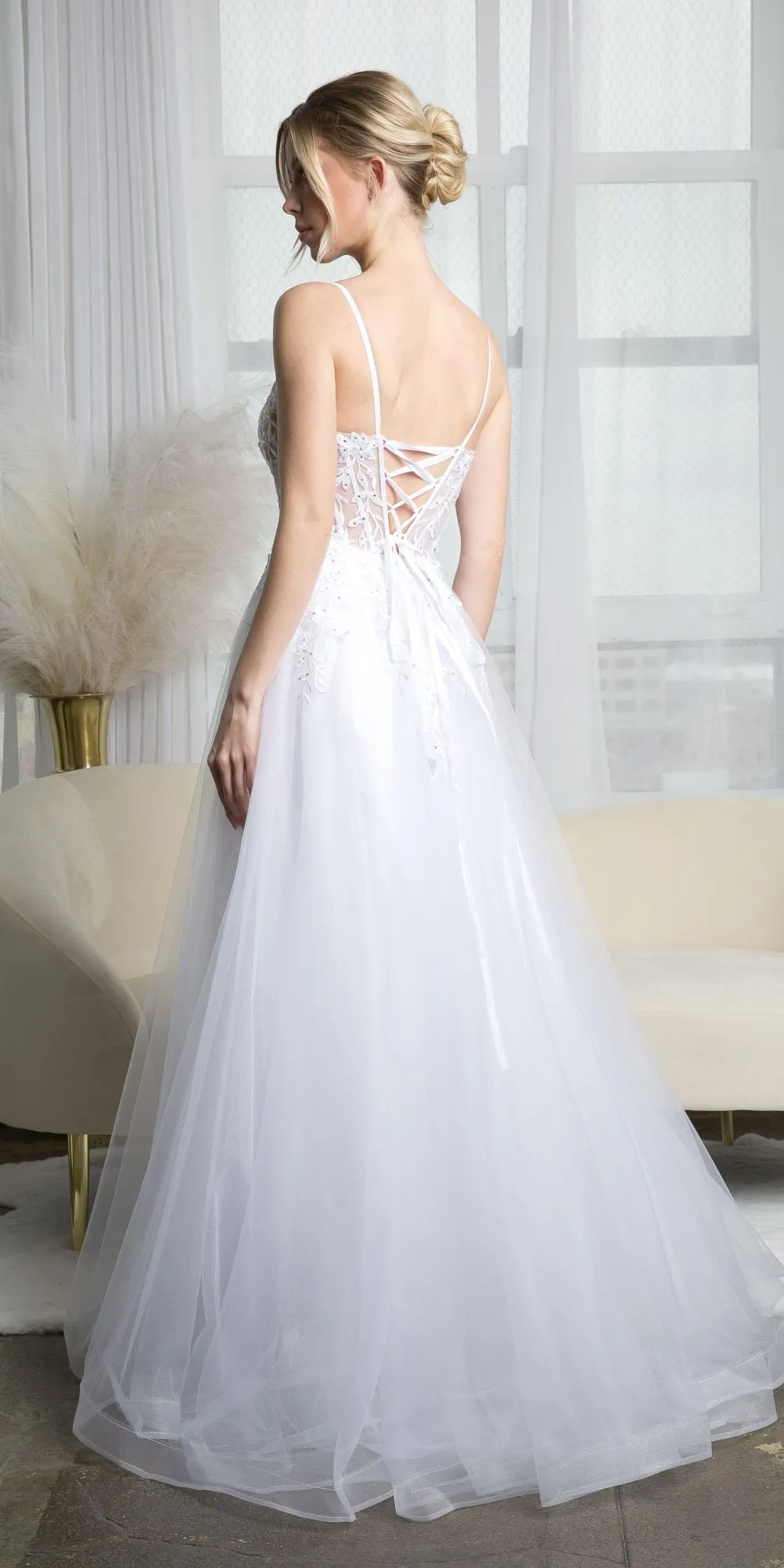Juno A1011 Long Tulle A-Line Ball Gown Corset Boned Bodice