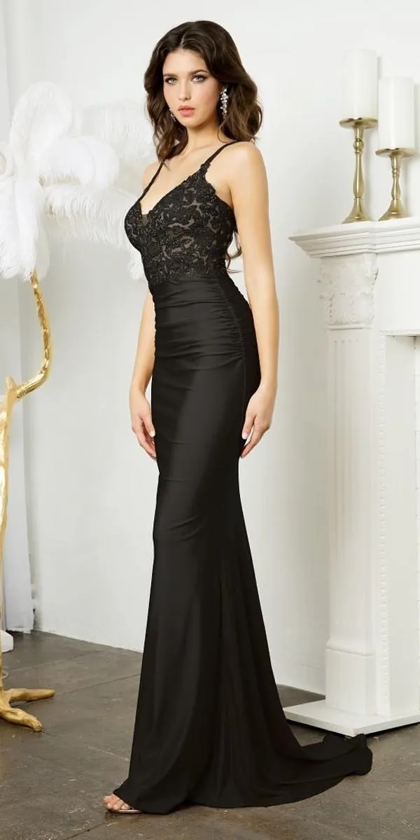 Juno M1006 Floor Length Fitted Sheath Jersey Gown Lace Bodice