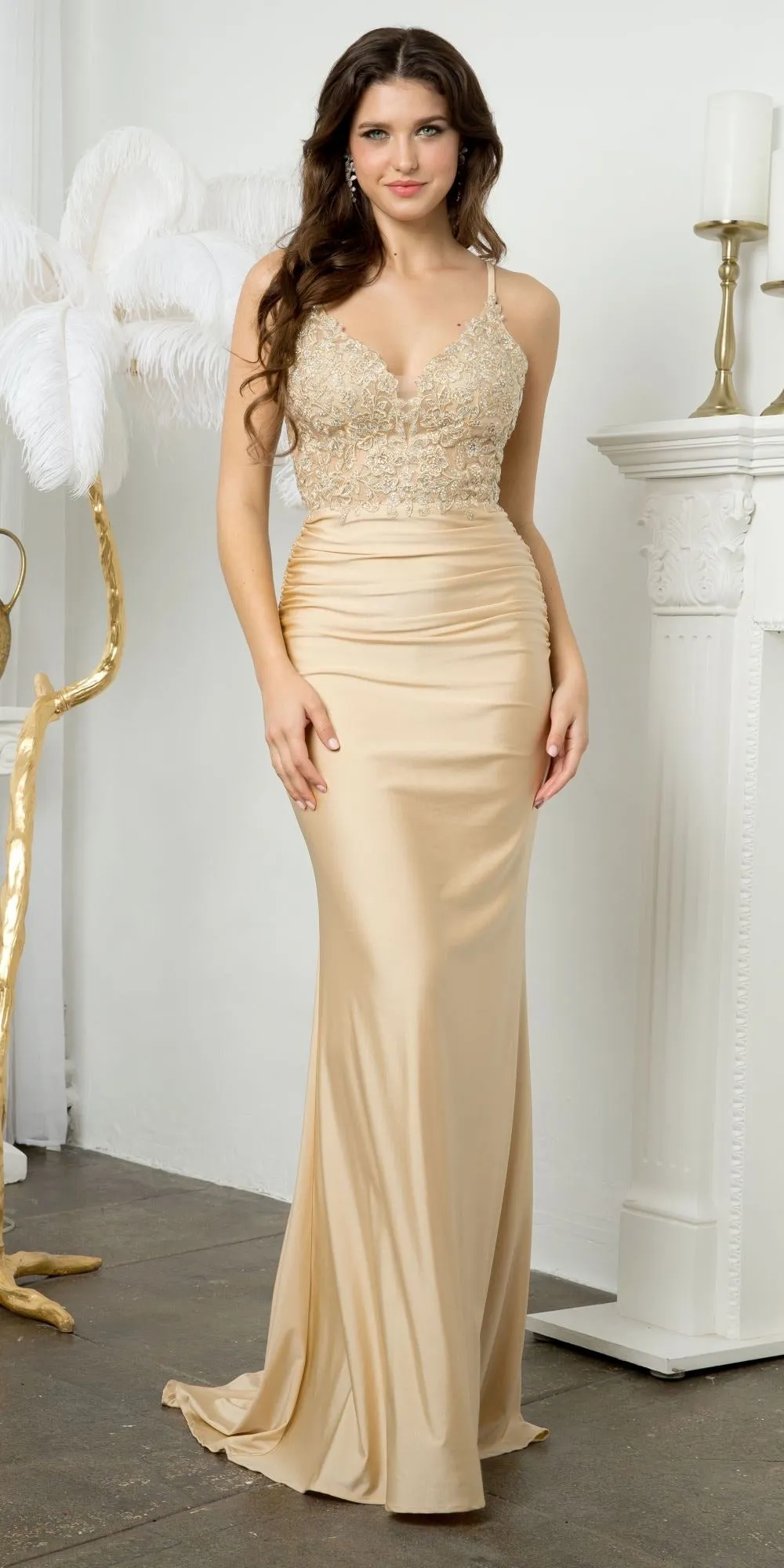 Juno M1006 Floor Length Fitted Sheath Jersey Gown Lace Bodice