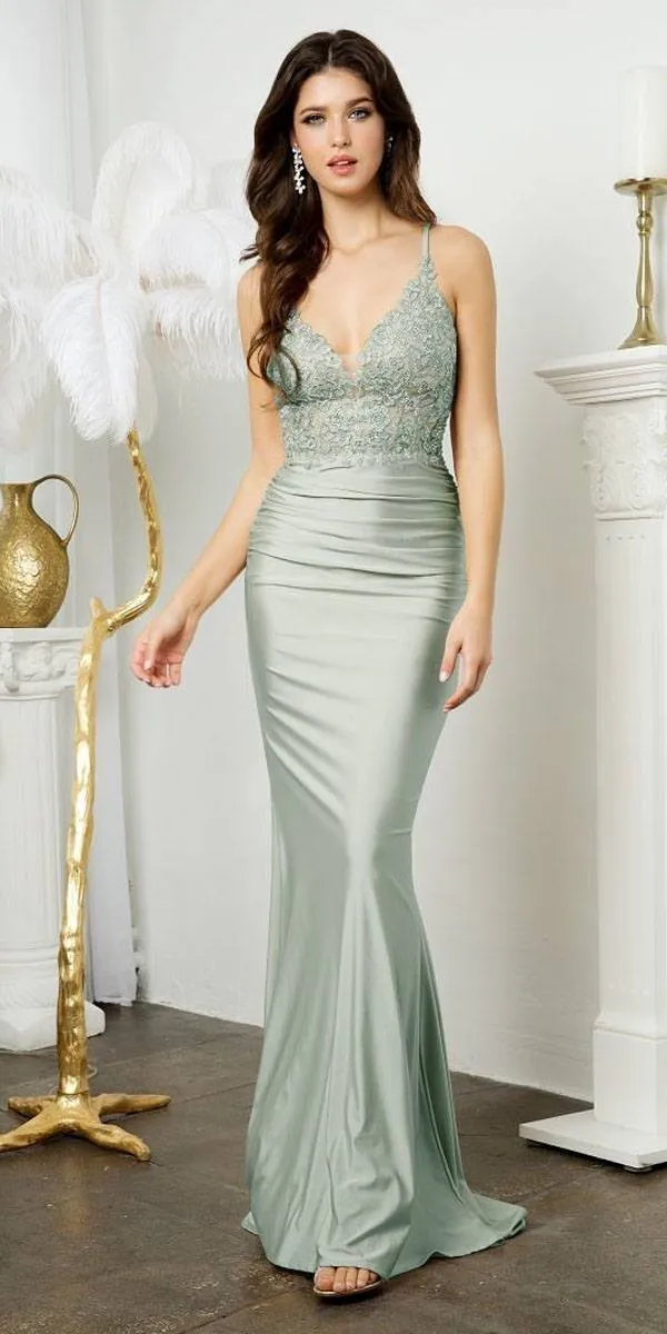 Juno M1006 Floor Length Fitted Sheath Jersey Gown Lace Bodice