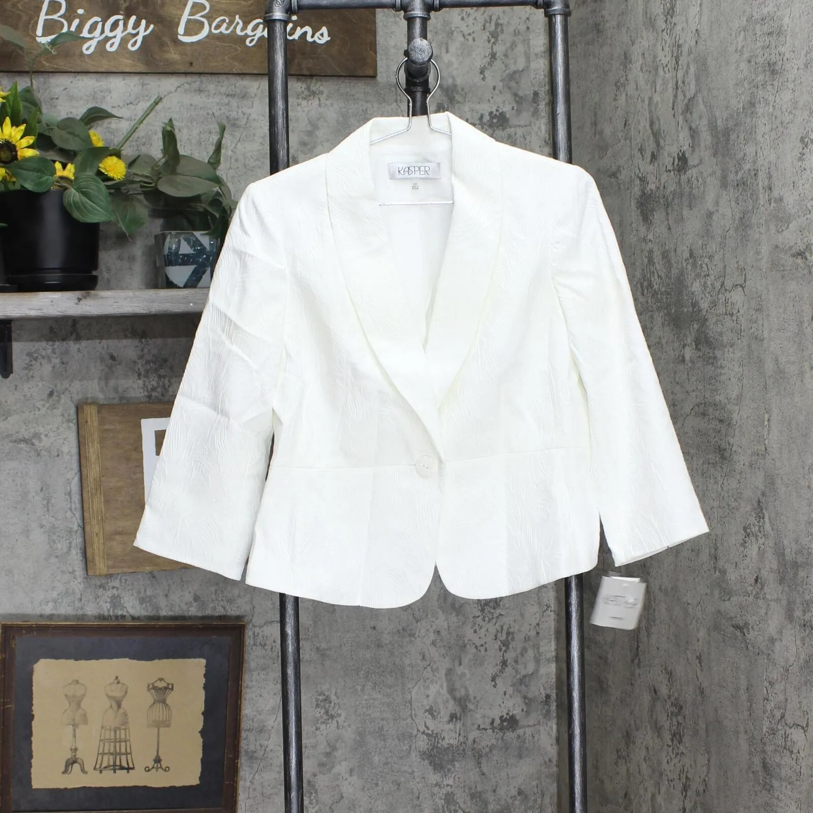 Kasper Petite 3/4 Sleeve Texture Jacquard Shawl Collar Peplum Jacket White 12P