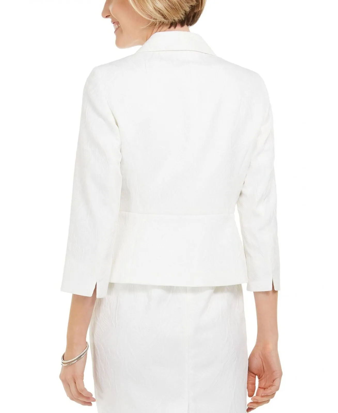 Kasper Petite 3/4 Sleeve Texture Jacquard Shawl Collar Peplum Jacket White 12P