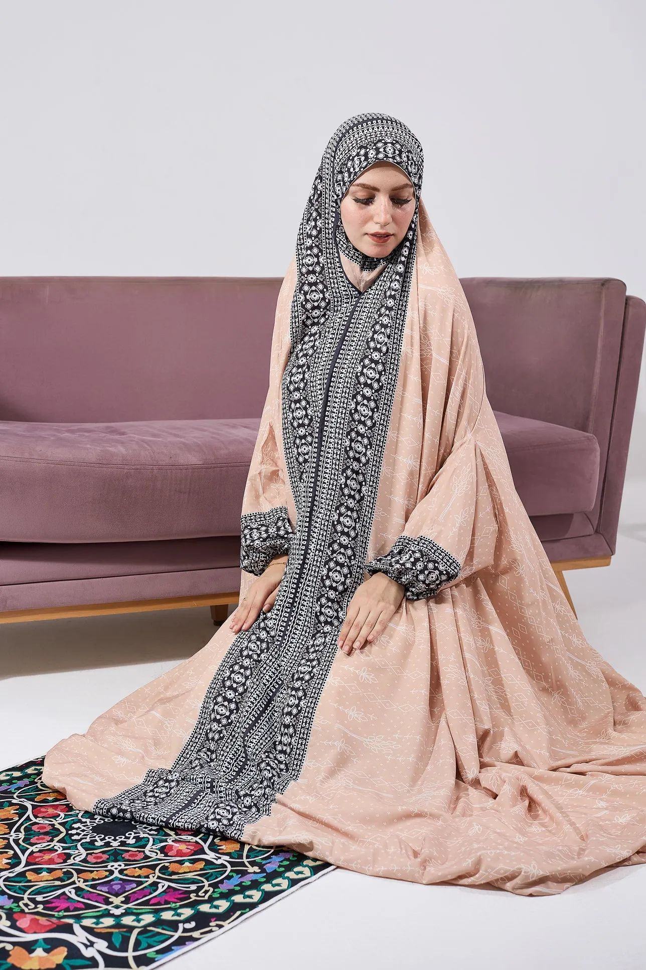 Kawkab Elegant Satin Gown Dress with Black Floral Print and Extended Coverage