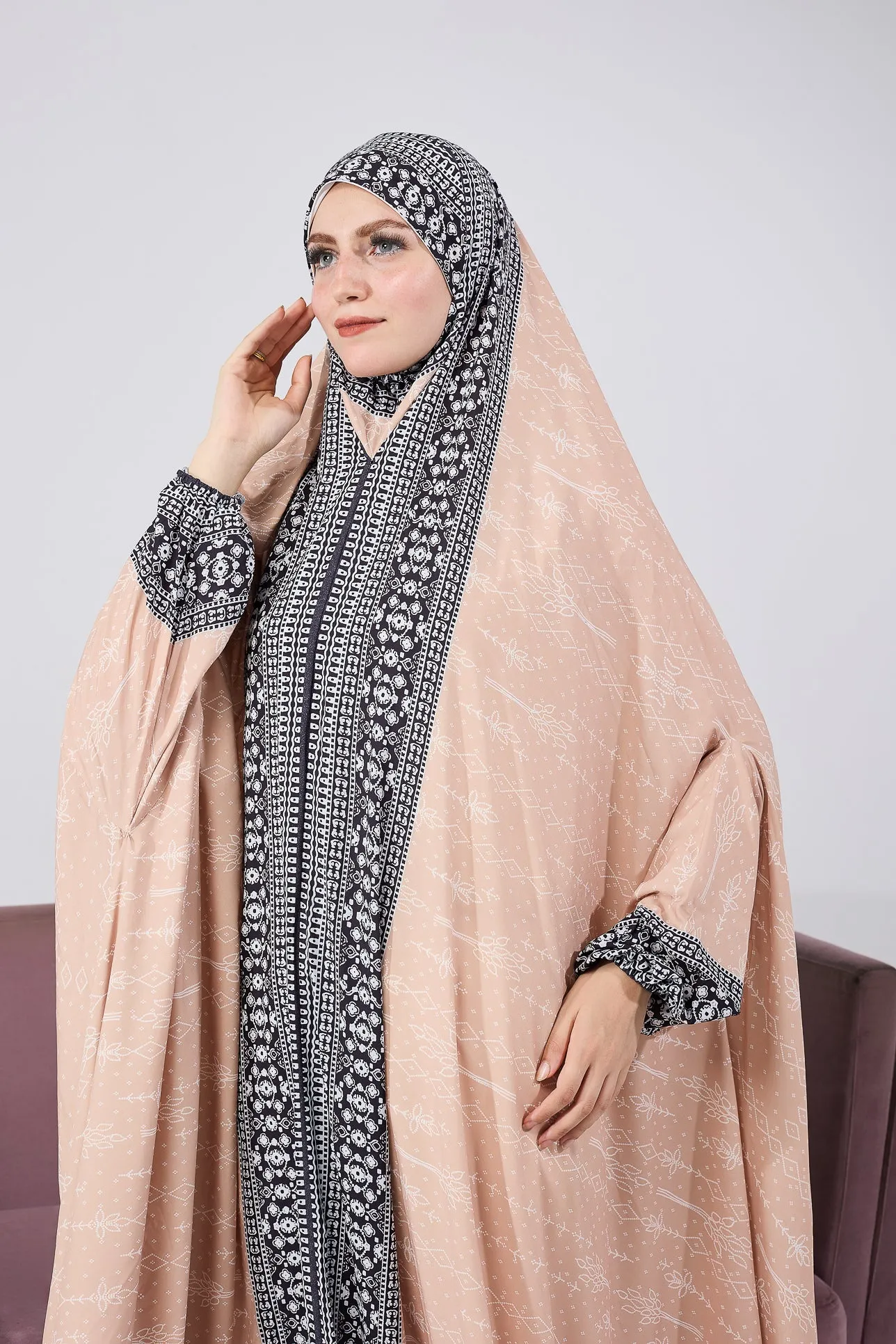 Kawkab Elegant Satin Gown Dress with Black Floral Print and Extended Coverage