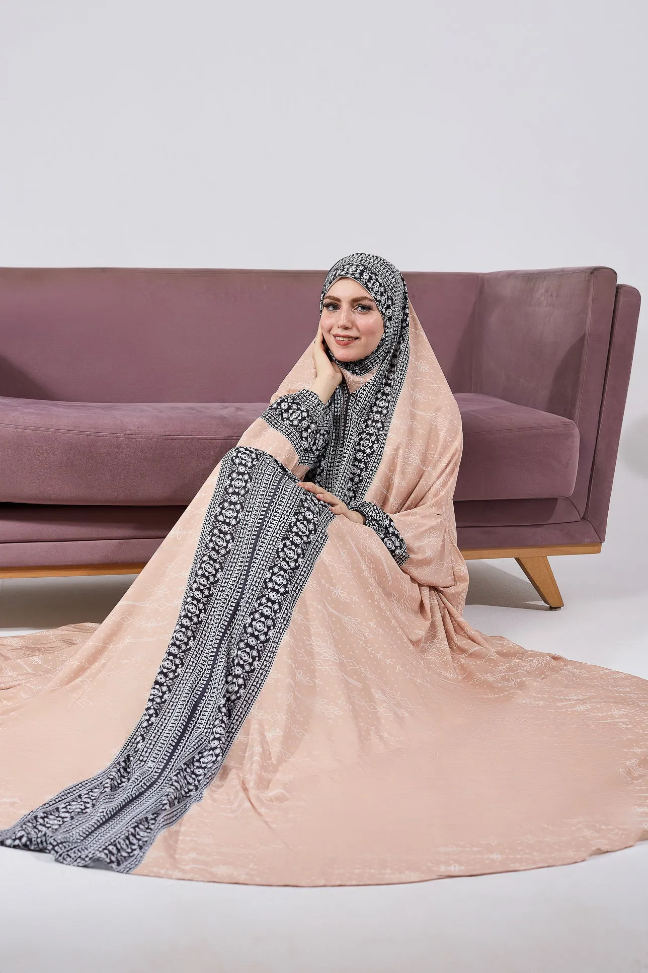 Kawkab Elegant Satin Gown Dress with Black Floral Print and Extended Coverage