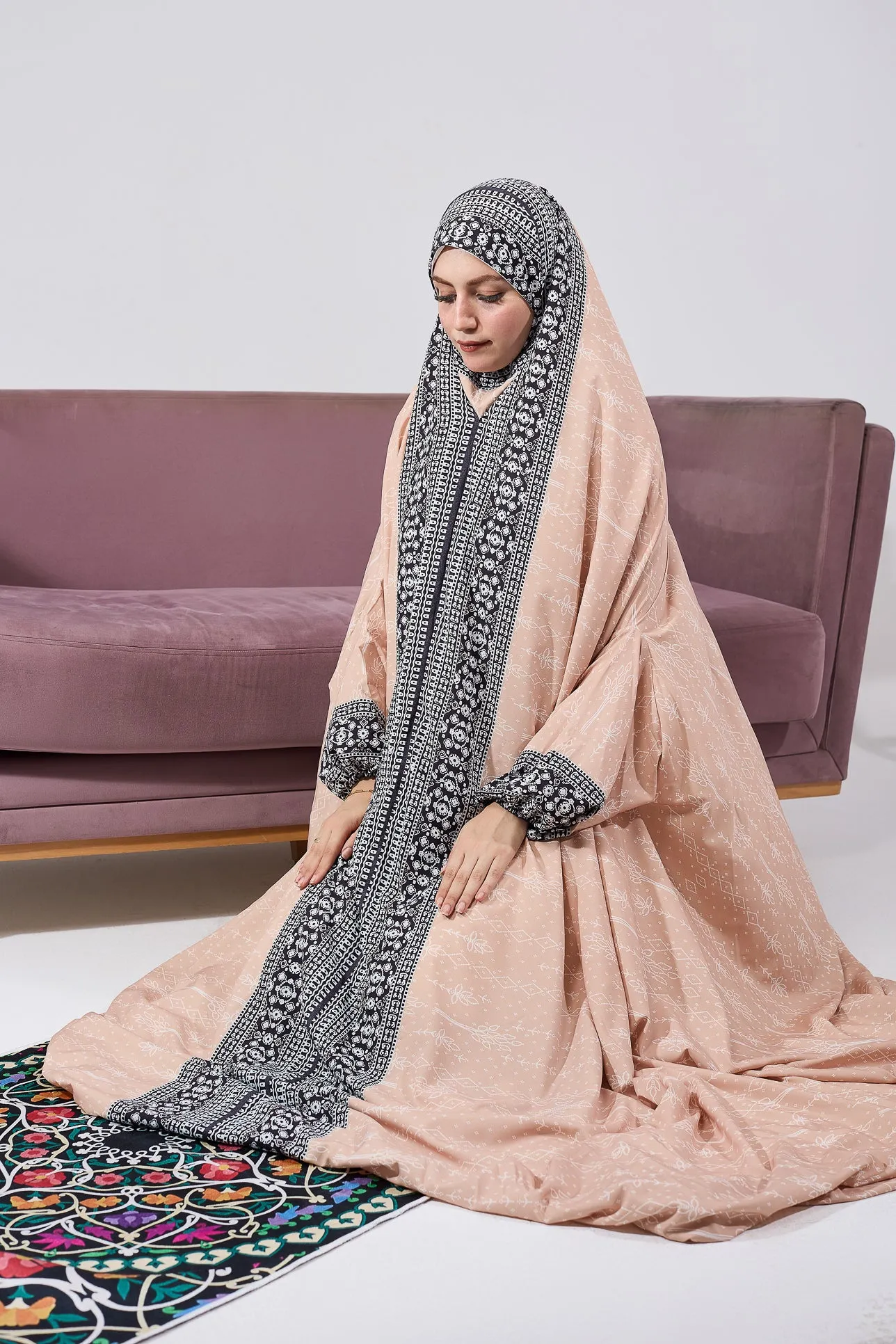Kawkab Elegant Satin Gown Dress with Black Floral Print and Extended Coverage