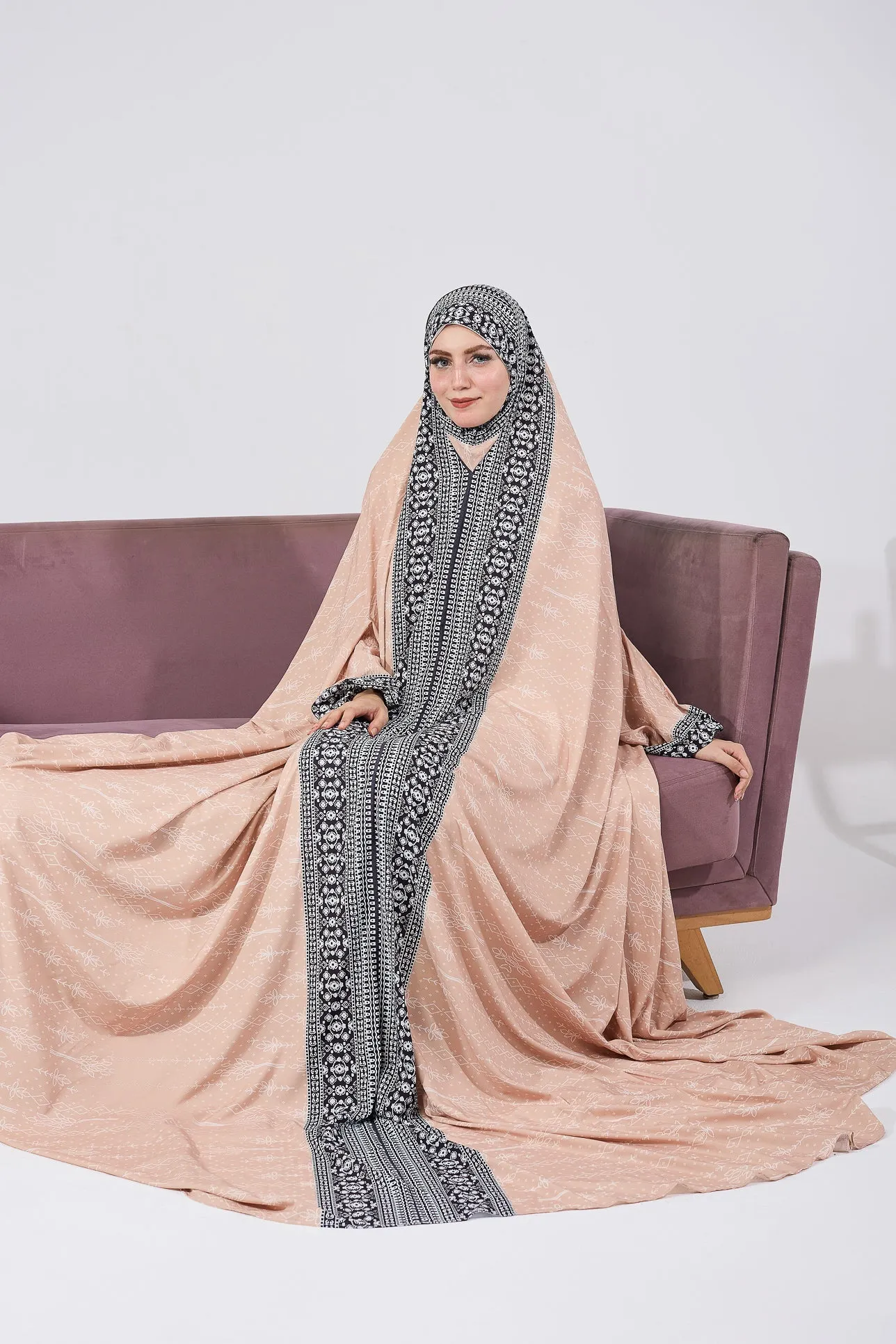Kawkab Elegant Satin Gown Dress with Black Floral Print and Extended Coverage