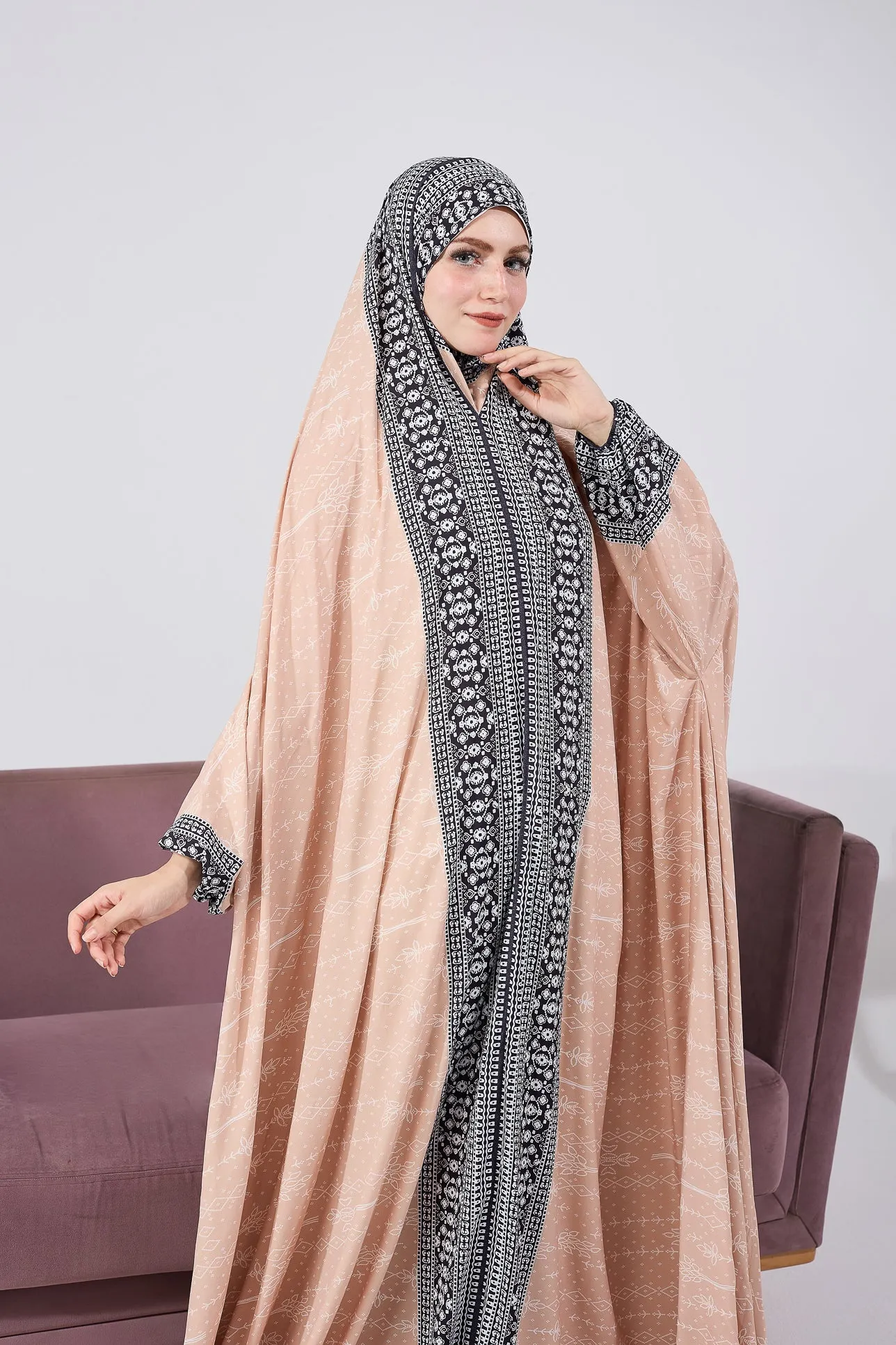 Kawkab Elegant Satin Gown Dress with Black Floral Print and Extended Coverage