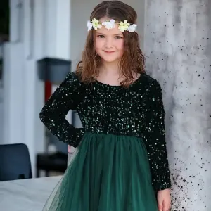 Kids Forest Green Sequins Dress With Tulle Skirt