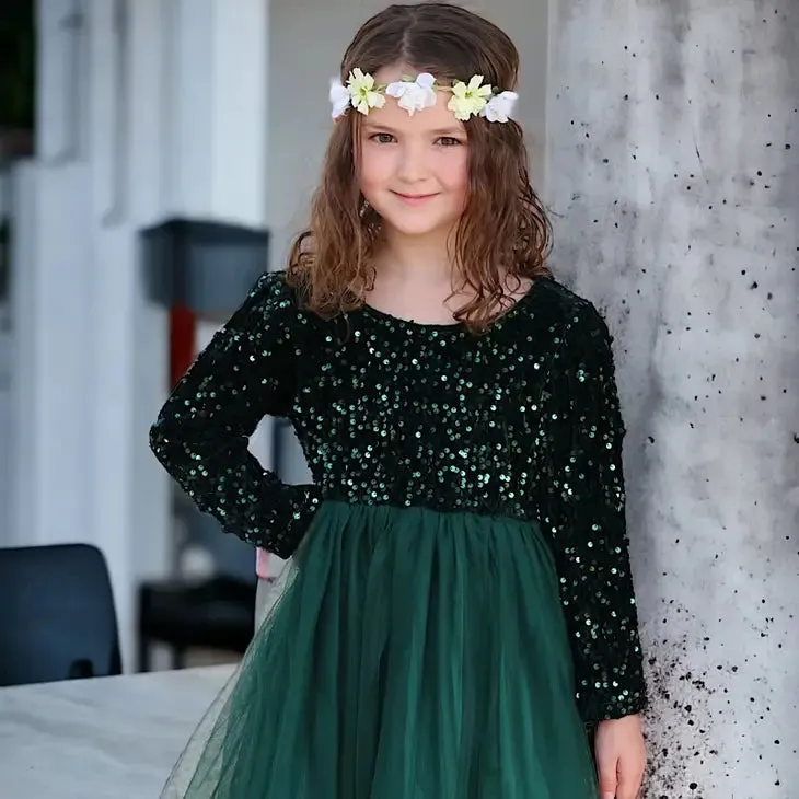 Kids Forest Green Sequins Dress With Tulle Skirt