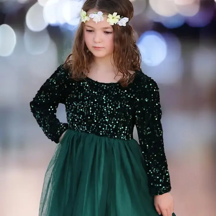 Kids Forest Green Sequins Dress With Tulle Skirt