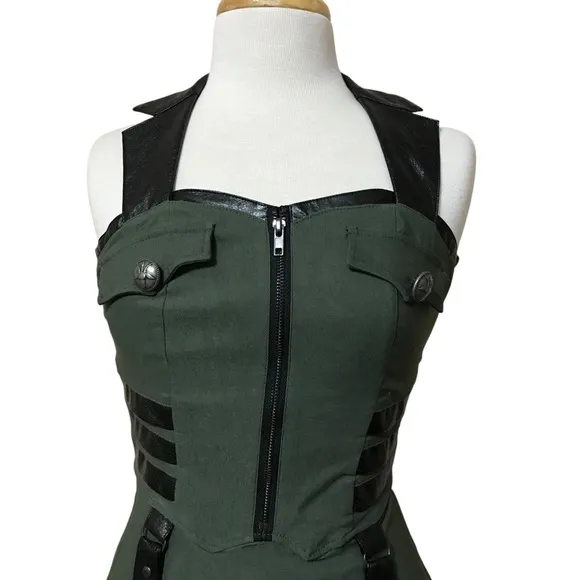 Killstar Carpe Noctem Army Green Tight Halter Mini Dress Flare Skirt Punk Rock