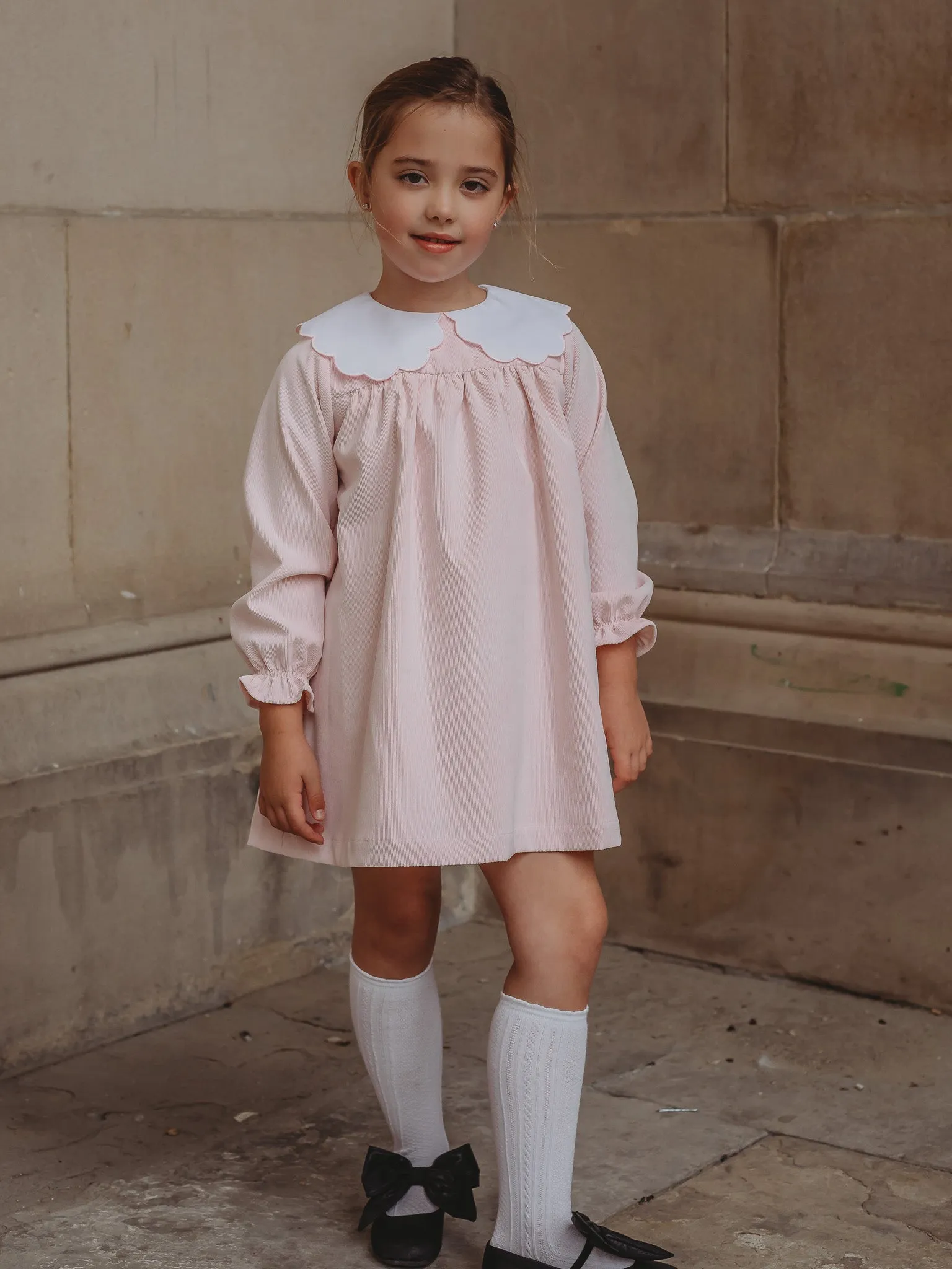 'Kitty' pink scallop collar babycord dress