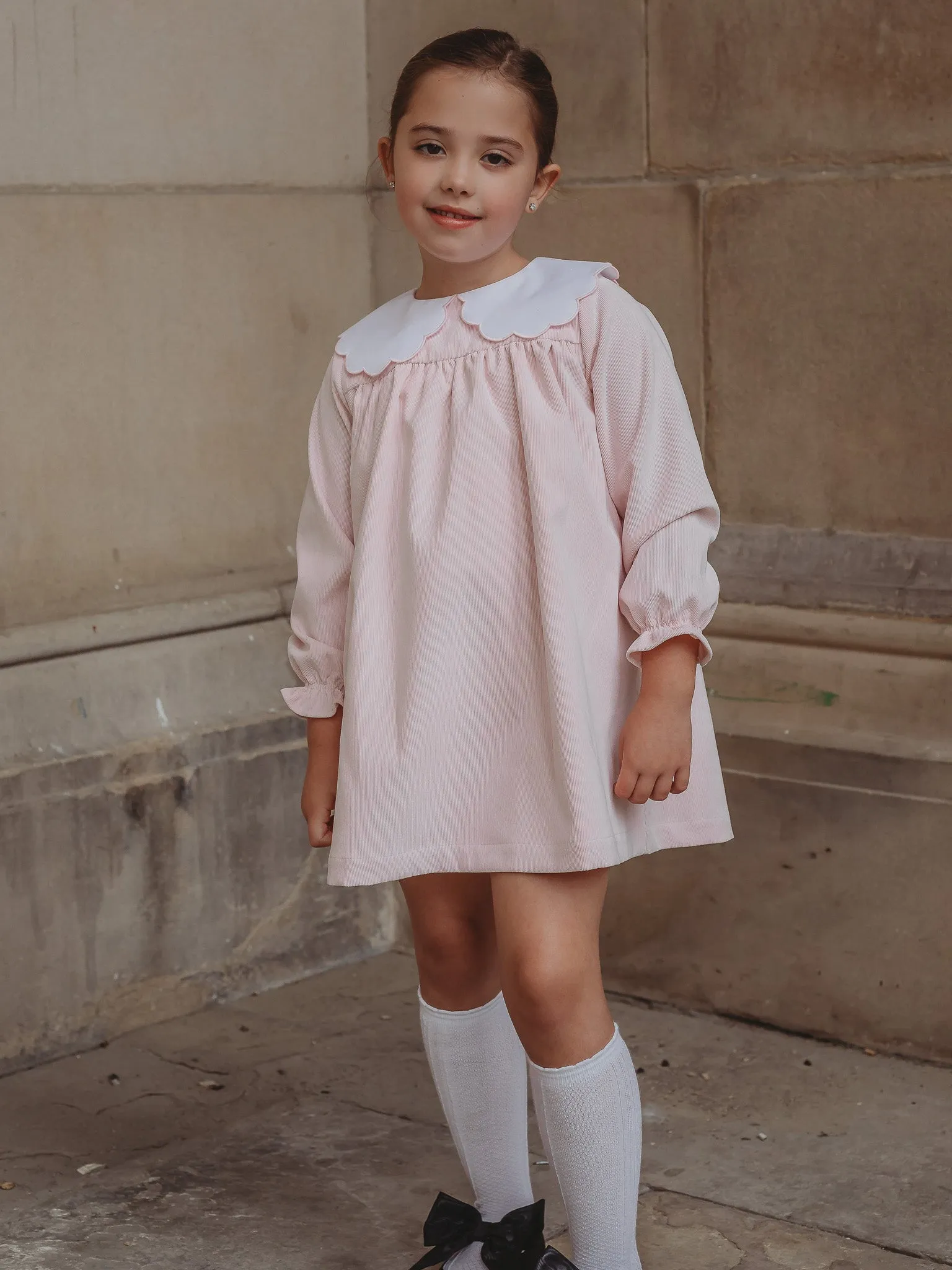 'Kitty' pink scallop collar babycord dress