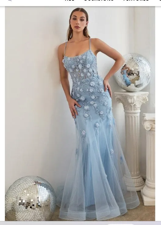 LA Divine BY Cinderella CD995 Fitted Floral Applique Tulle Gown