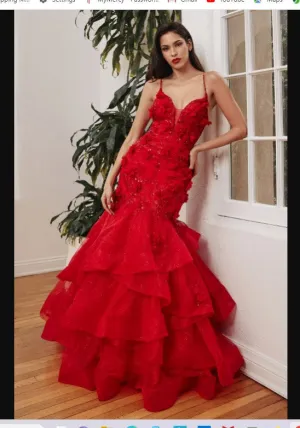 LA Divine BY Cinderella CM329 Red Mermaid Tiered Floral Gown