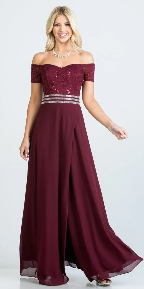 La Scala 25555 Off-Shoulder Long A-Line Dress with Slit