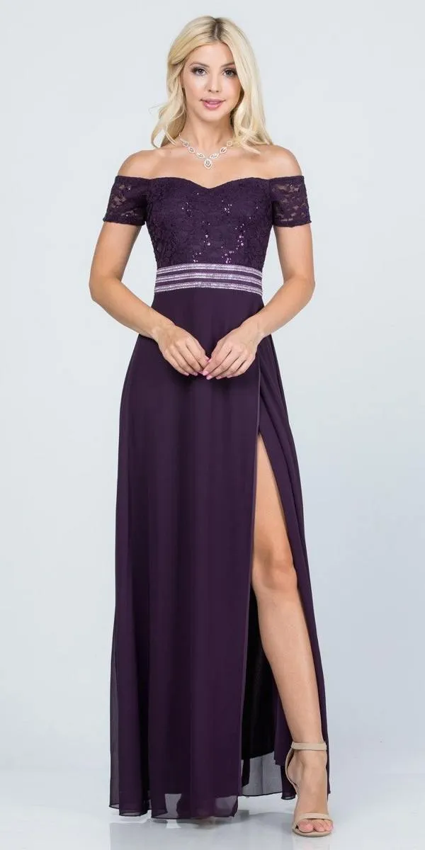 La Scala 25555 Off-Shoulder Long A-Line Dress with Slit