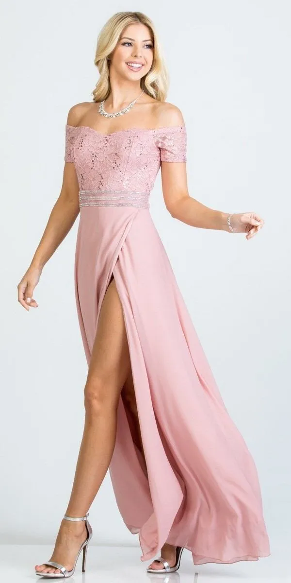 La Scala 25555 Off-Shoulder Long A-Line Dress with Slit