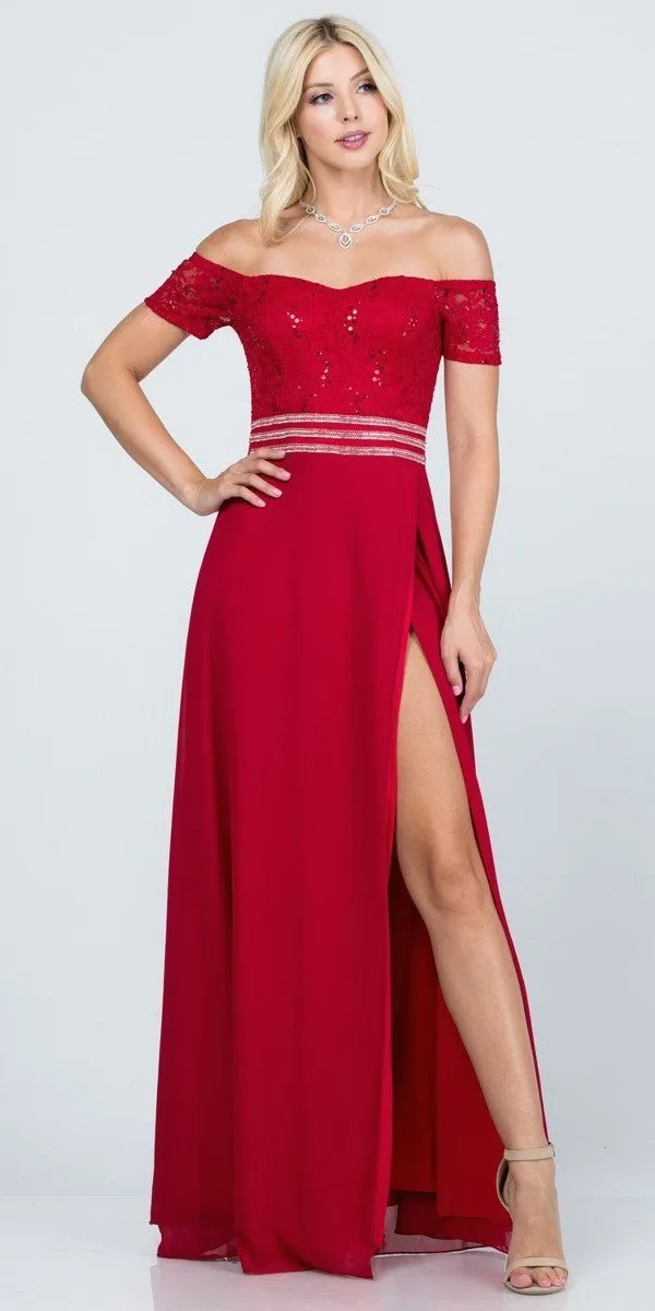 La Scala 25555 Off-Shoulder Long A-Line Dress with Slit