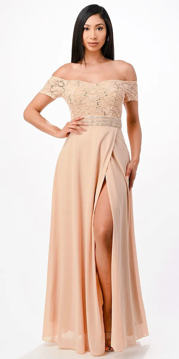 La Scala 25555 Off-Shoulder Long A-Line Dress with Slit