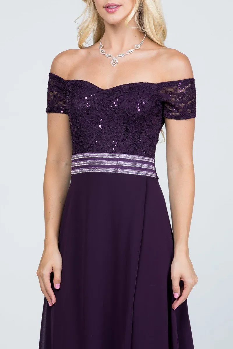 La Scala 25555 Off-Shoulder Long A-Line Dress with Slit