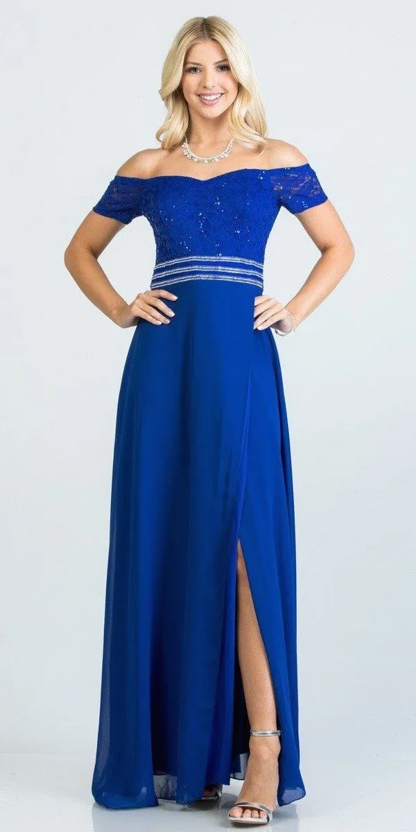 La Scala 25555 Off-Shoulder Long A-Line Dress with Slit