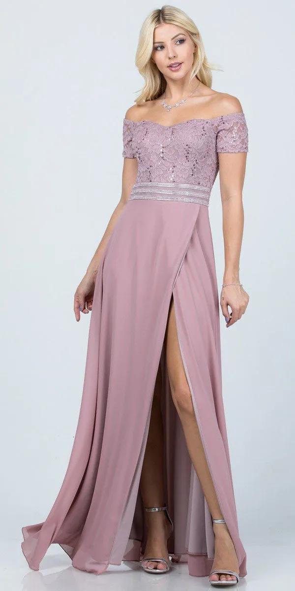 La Scala 25555 Off-Shoulder Long A-Line Dress with Slit
