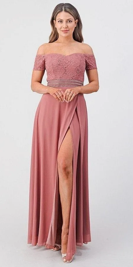 La Scala 25555 Off-Shoulder Long A-Line Dress with Slit