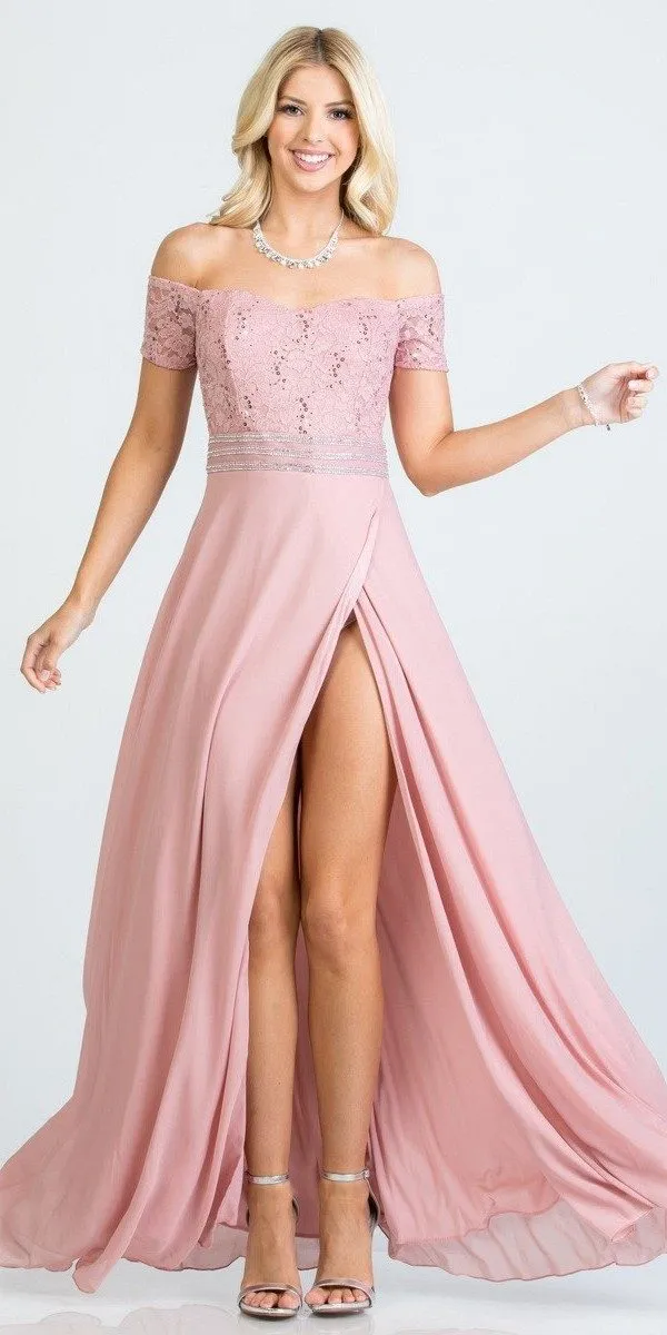 La Scala 25555 Off-Shoulder Long A-Line Dress with Slit