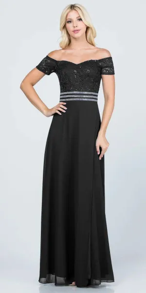 La Scala 25555 Off-Shoulder Long A-Line Dress with Slit