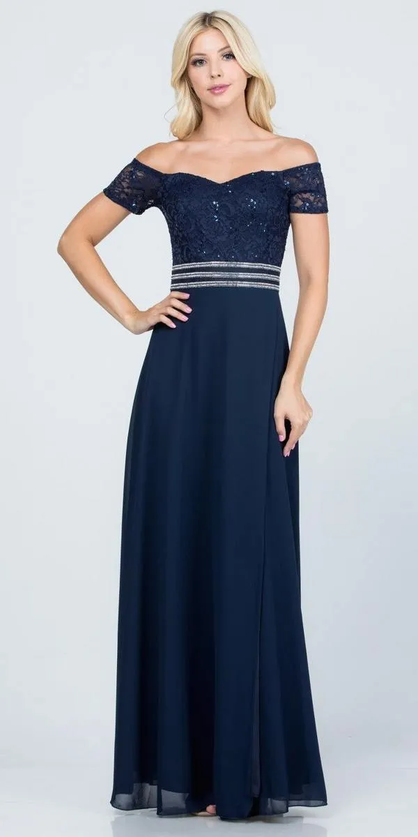 La Scala 25555 Off-Shoulder Long A-Line Dress with Slit