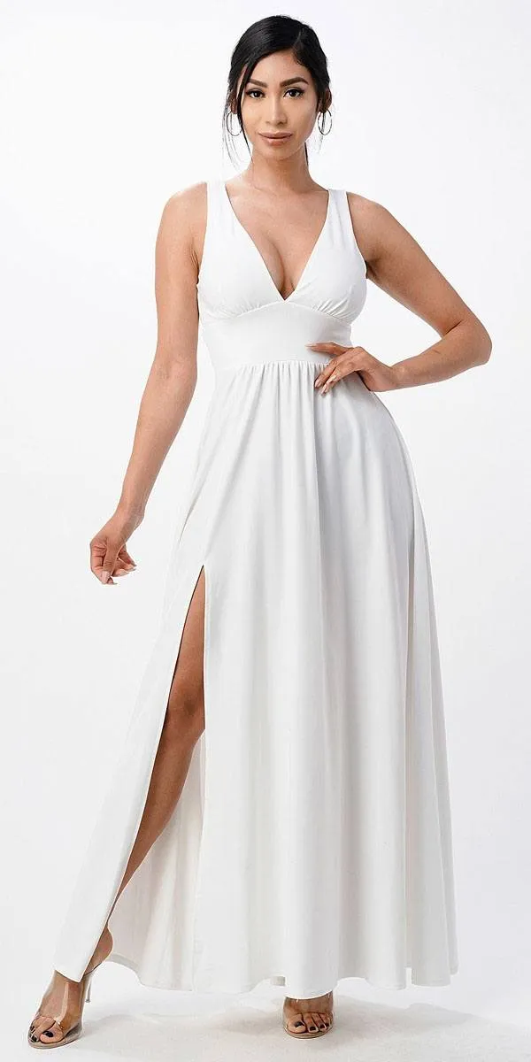 La Scala 25953 Tricot A-Line Dress Deep V-Neck Empire Waist