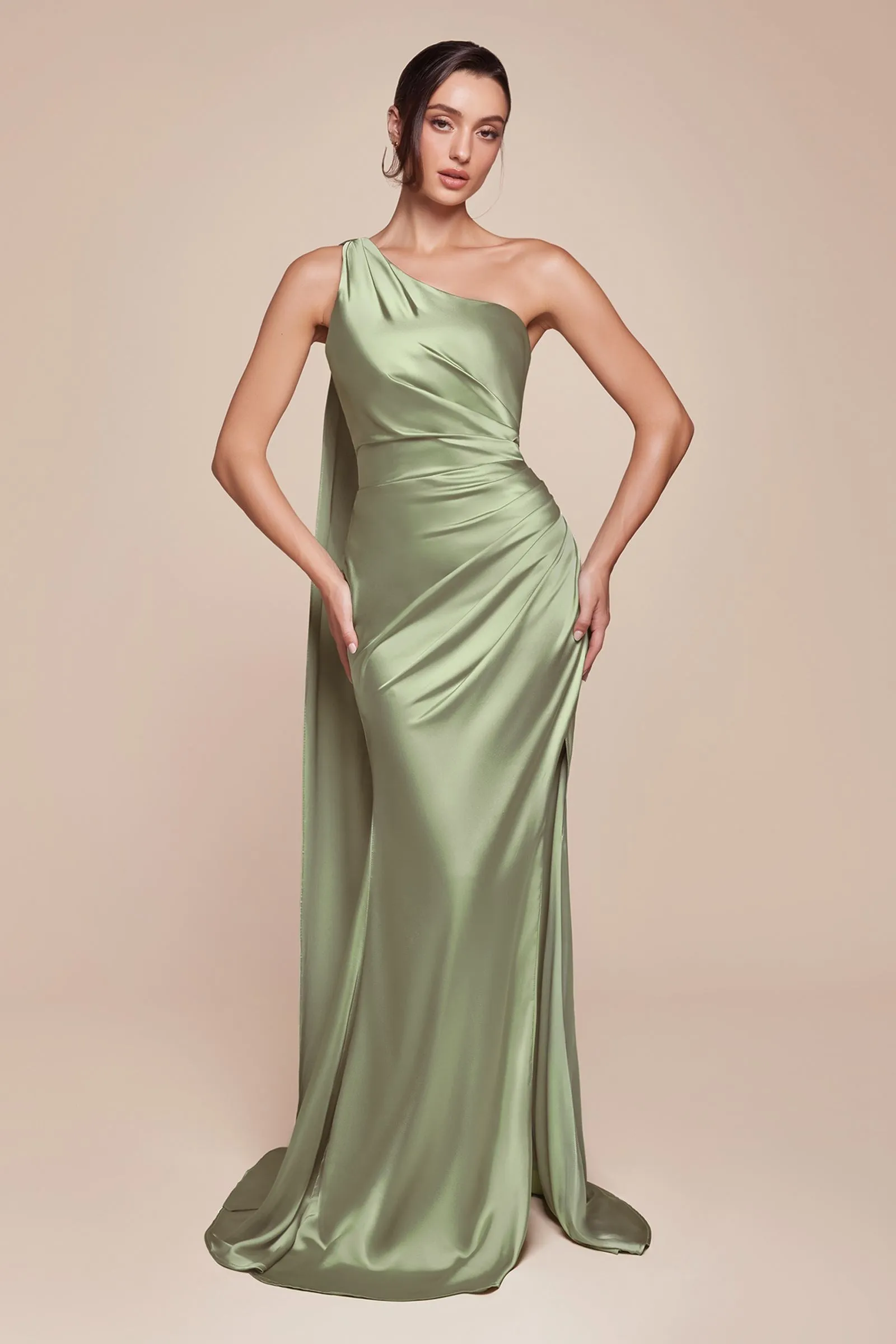 Ladivine 7454 Dress One Shoulder Luxe Satin Fitted Gown