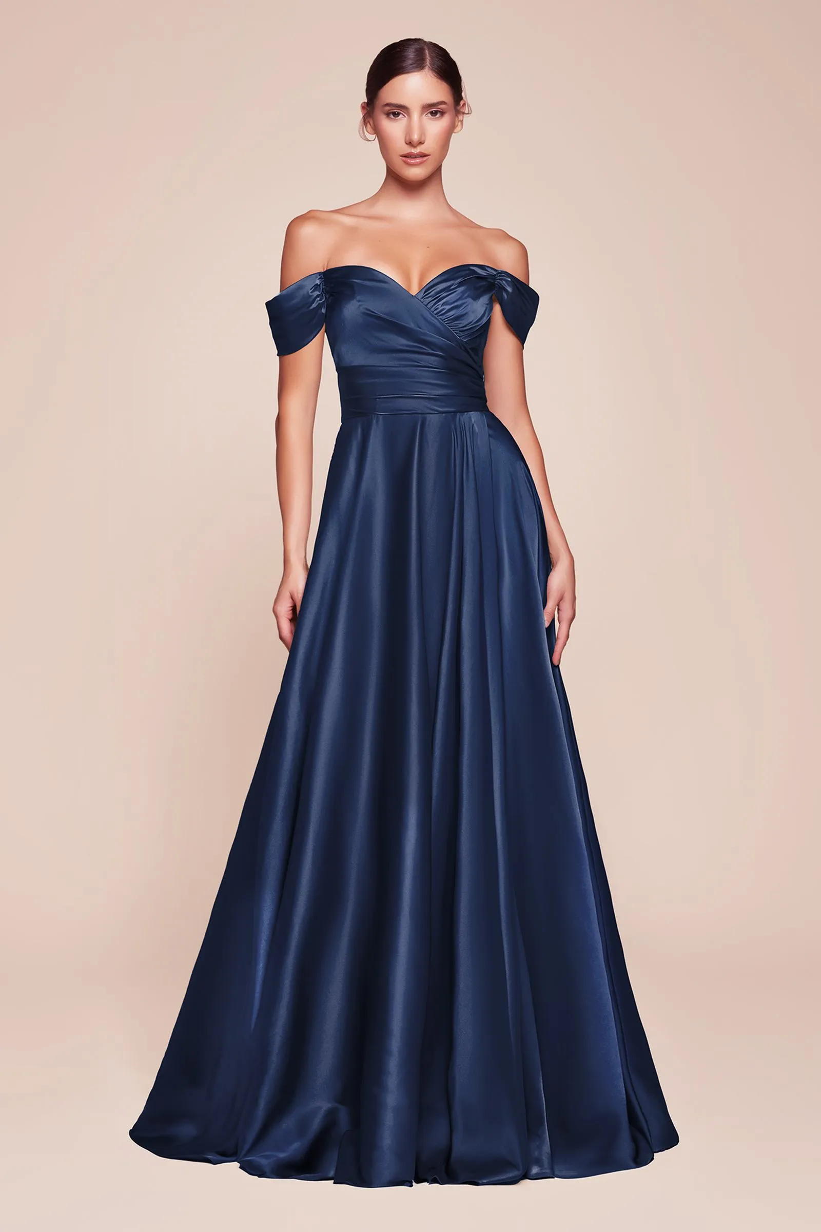 Ladivine 7493 Long A-Line Off the Shoulder Satin Dress