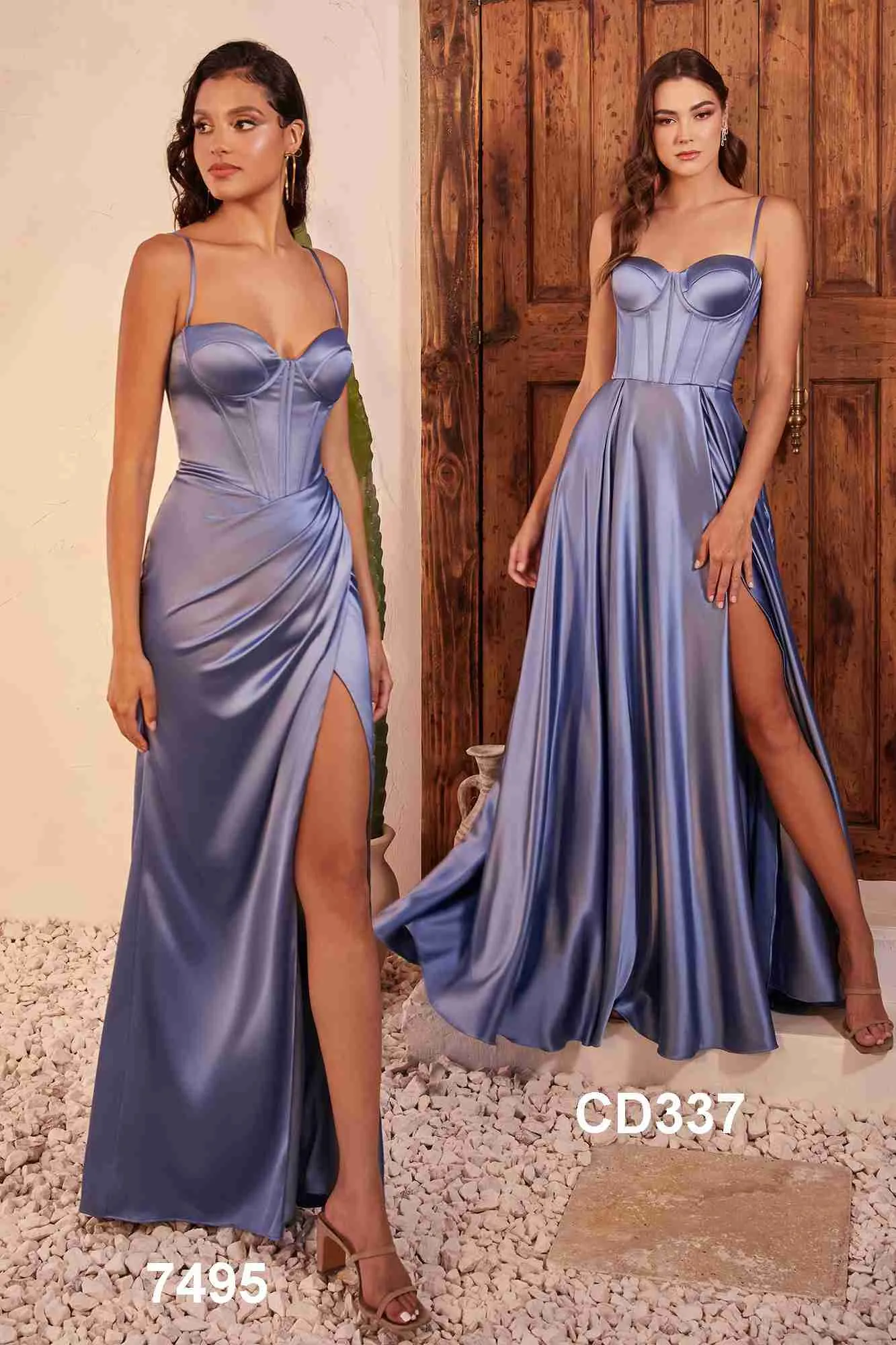 Ladivine 7495 Long Fitted Bustier Satin Draped Gown