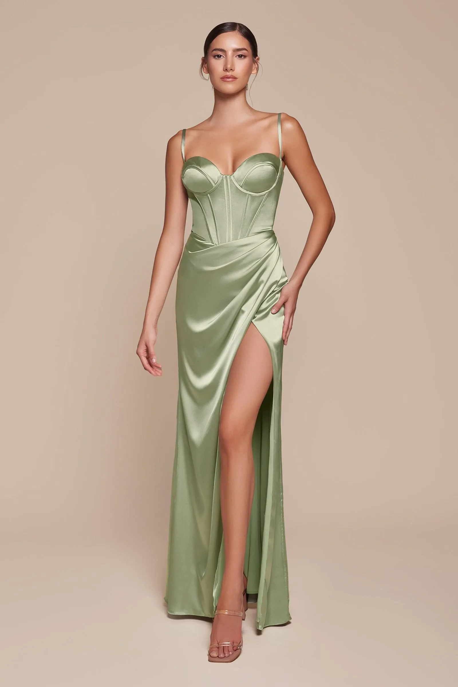 Ladivine 7495 Long Fitted Bustier Satin Draped Gown