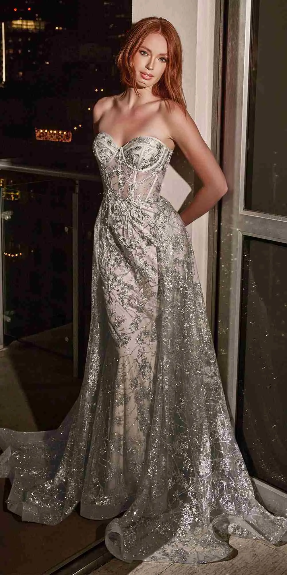 Ladivine CB046 Strapless Fitted Gown Floral Applique And Glitter Tulle Overskirt
