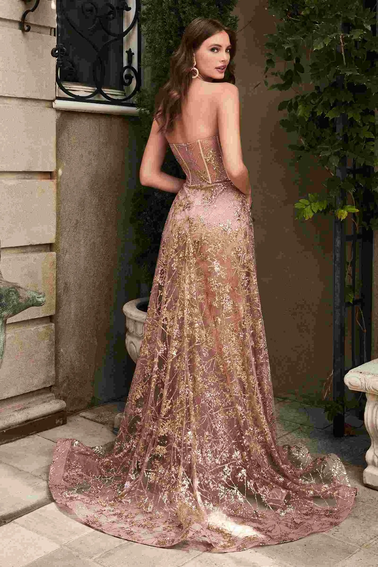 Ladivine CB046 Strapless Fitted Gown Floral Applique And Glitter Tulle Overskirt