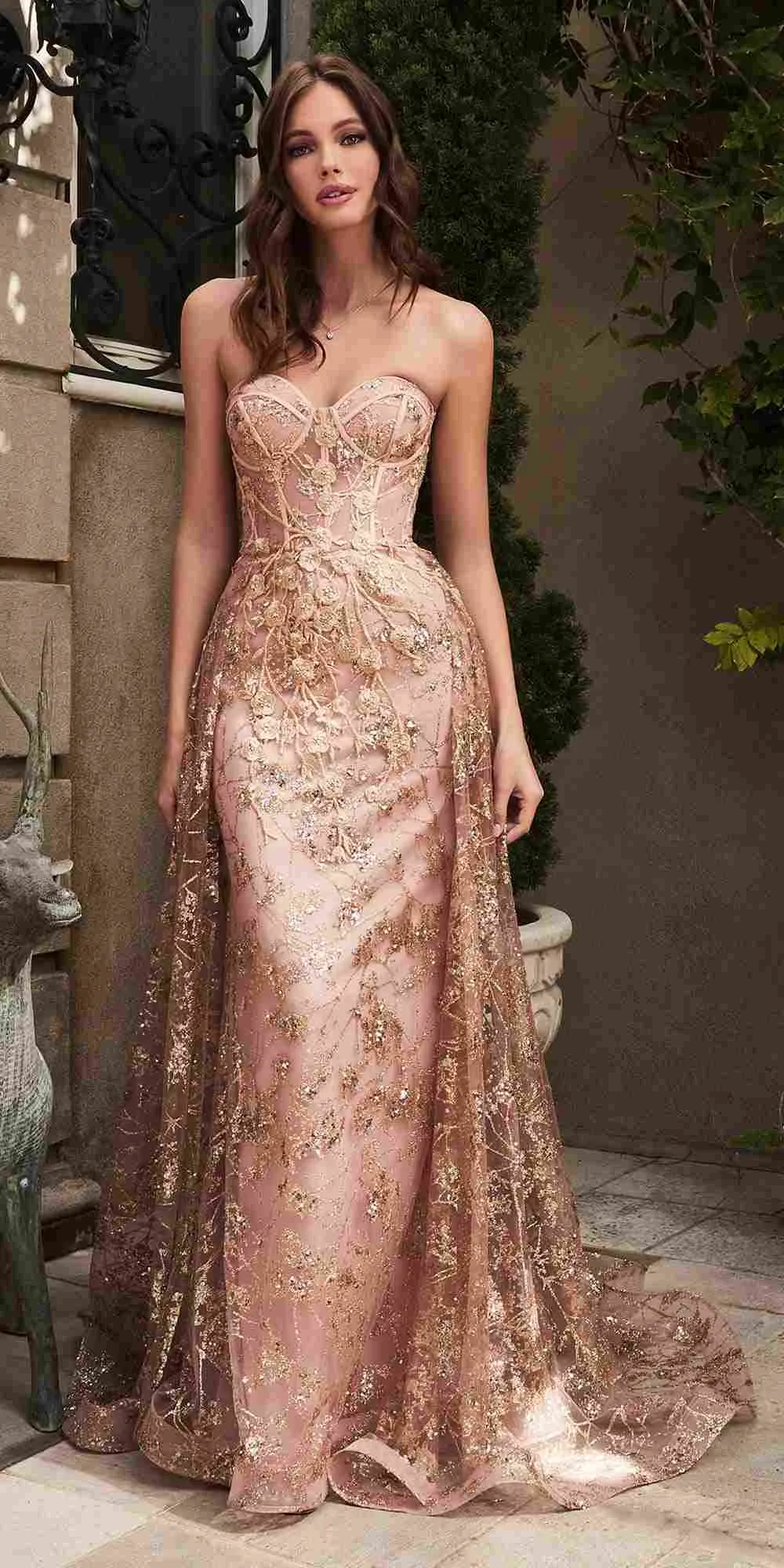 Ladivine CB046 Strapless Fitted Gown Floral Applique And Glitter Tulle Overskirt
