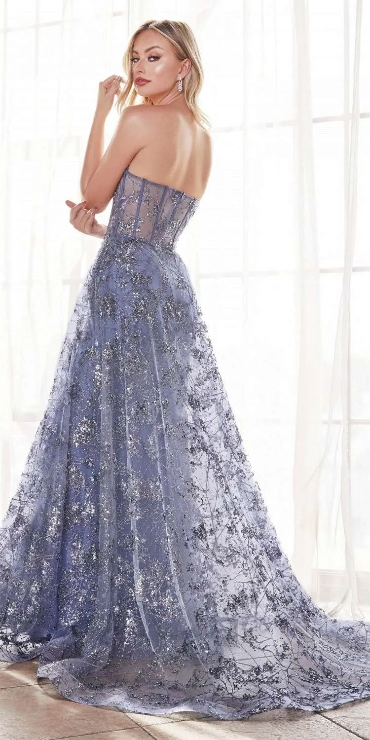 Ladivine CB046 Strapless Fitted Gown Floral Applique And Glitter Tulle Overskirt