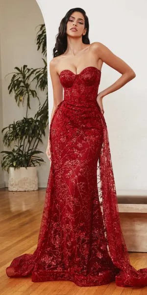 Ladivine CB046 Strapless Fitted Gown Floral Applique And Glitter Tulle Overskirt