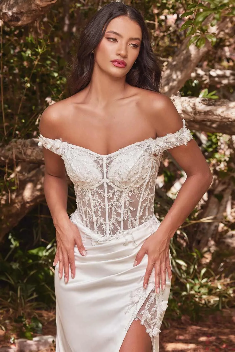 Ladivine CD0186W Long Floral Off the Shoulder Gown with Slit