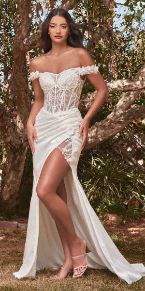 Ladivine CD0186W Long Floral Off the Shoulder Gown with Slit