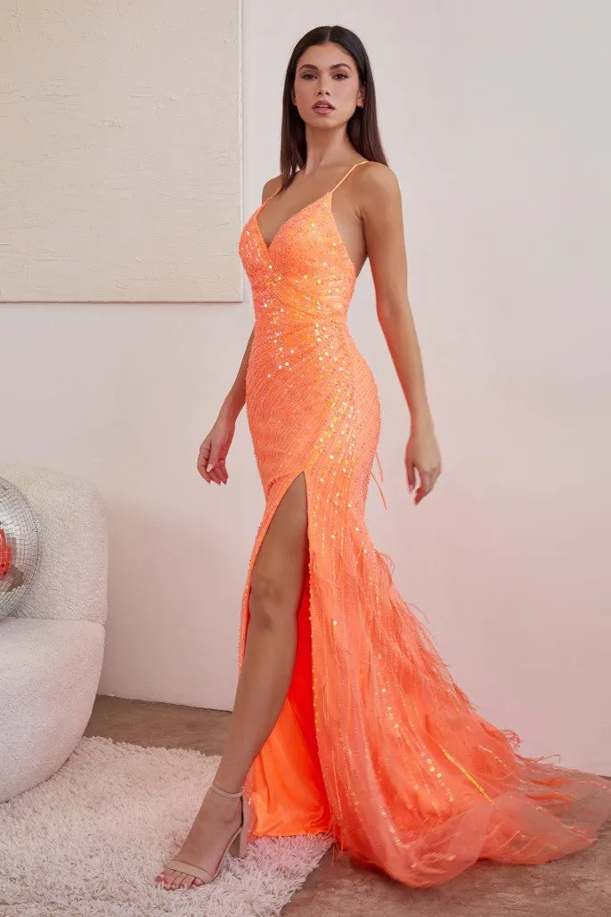 LADIVINE CD0209 FITTED SEQUIN GOWN WITH FEATHER APPLIQUE