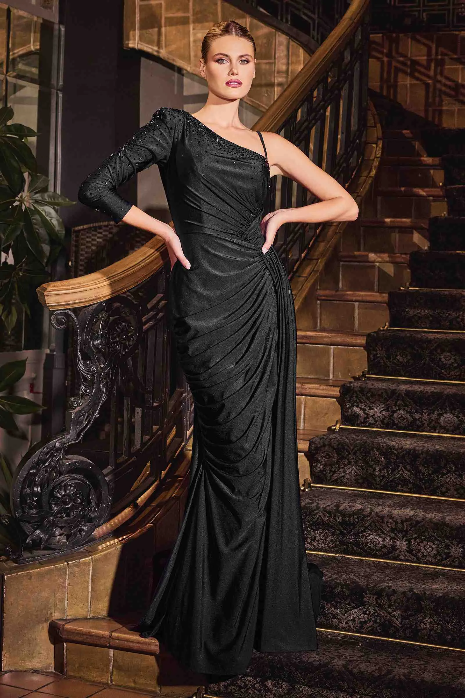 Ladivine CD787 Dress One Shoulder Stretch Satin Fitted Gown