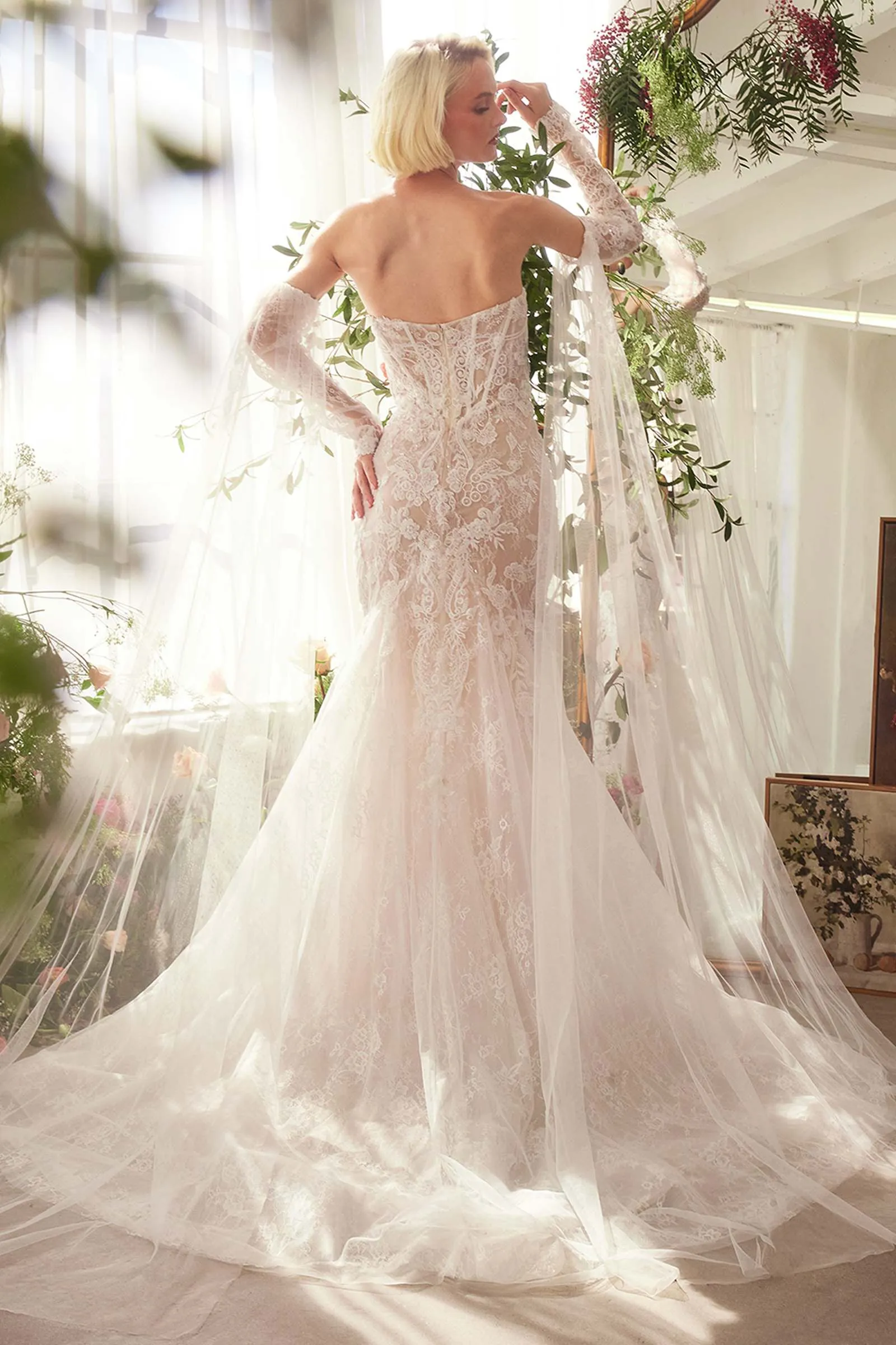 Ladivine CDS424W Fitted Lace Mermaid Wedding Gown with Sleeves