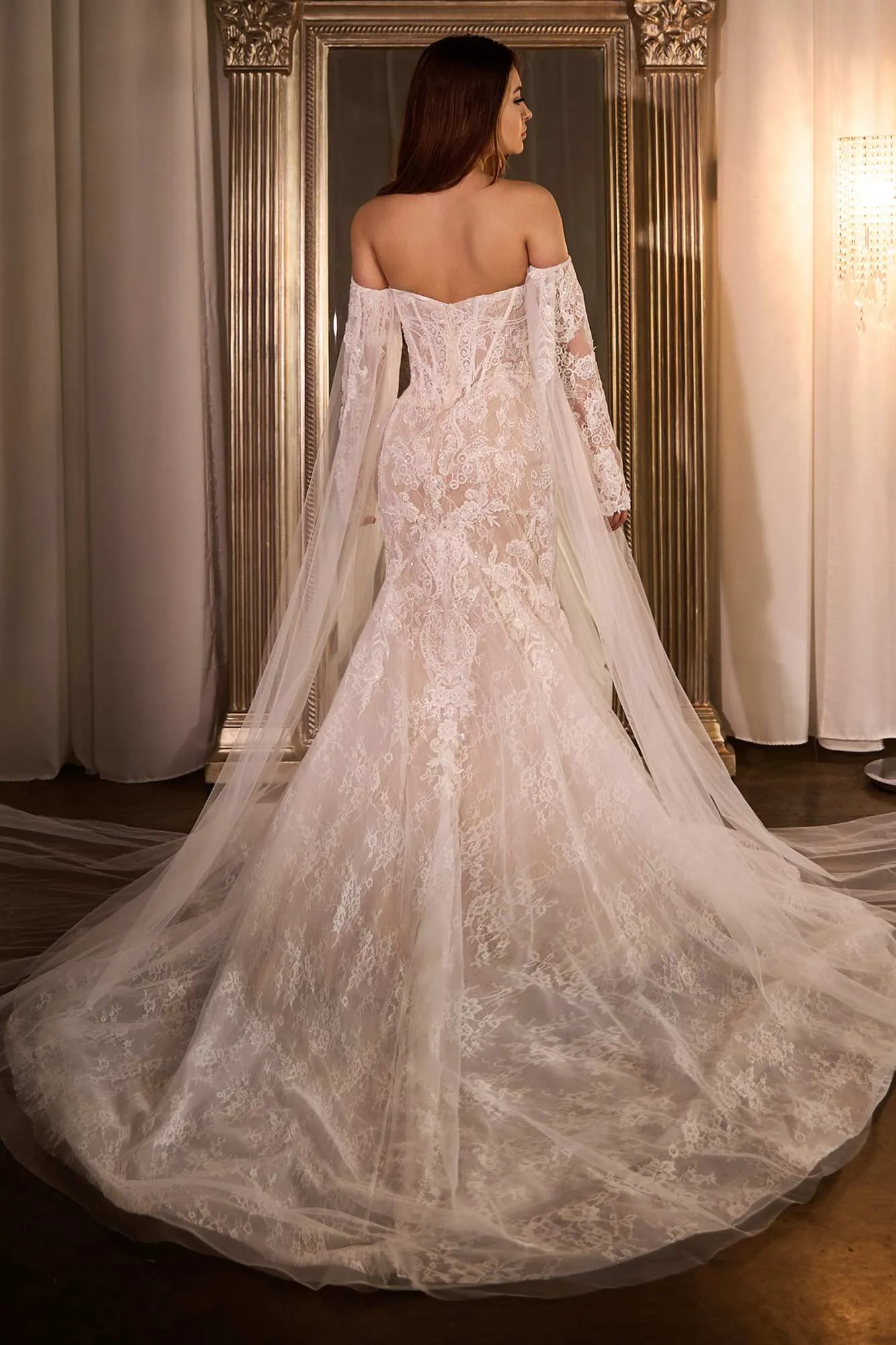 Ladivine CDS424W Fitted Lace Mermaid Wedding Gown with Sleeves