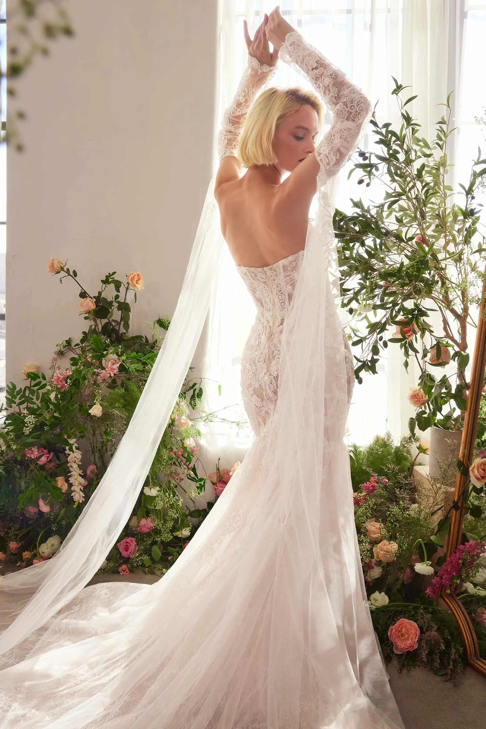 Ladivine CDS424W Fitted Lace Mermaid Wedding Gown with Sleeves